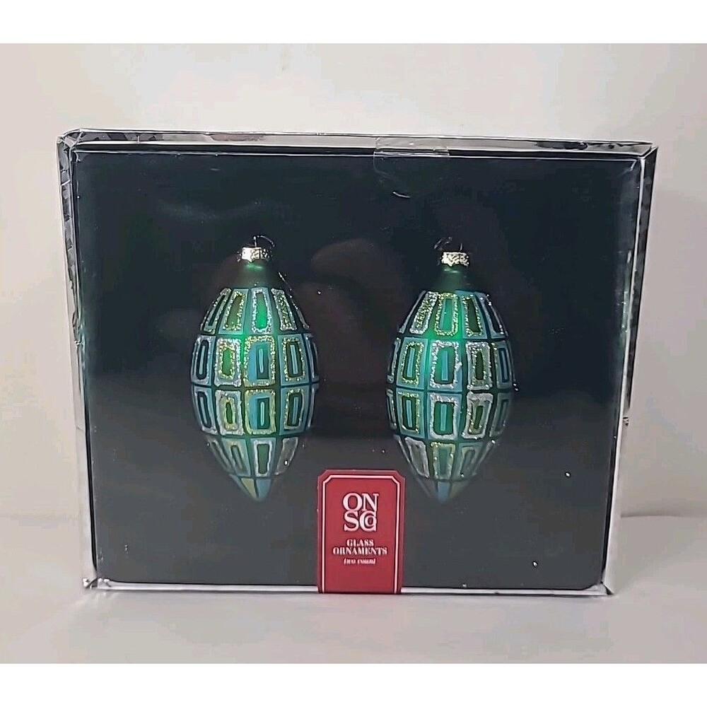 Set of 2 ONSCO Christmas Ornaments 5" Glass Teardrop Green Blue Gold Silver